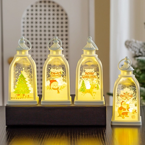 Christmas LED Lantern Portable Plastic Warm Light Hanging Night Lamp Holiday Home Desktop Window Decor Patterned Festive Ornament