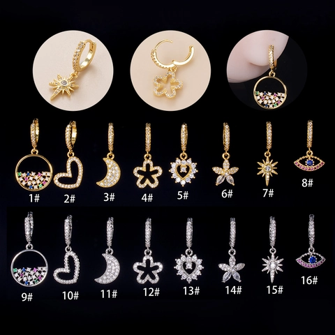 Pendientes De Perforación De Cartílago De Cobre Circón Moda Formas De Corazón Luna Ojo Flor Joyas Para Mujer