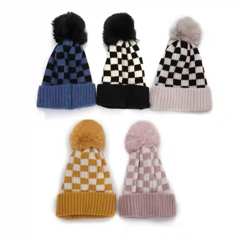 Checkerboard Knitted Beanie Hat For Kids Warm Winter Windproof Outdoor Pom Pom Cuffed Skull Cap For Boys Girls