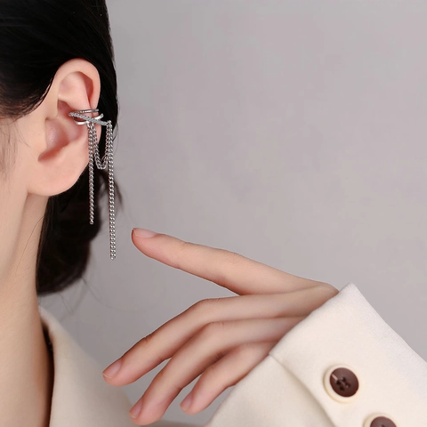 Moda Cobre Circonia Borla Larga Cadena Clip de Oreja Pendientes Sin Perforación Doble Capa Joyas Color Plata Para Mujer