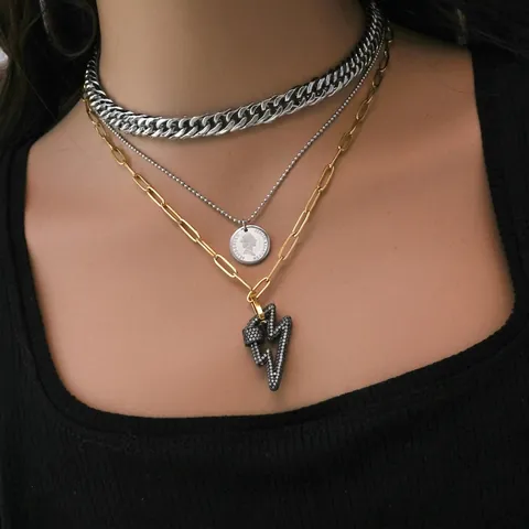 Collier Multi Rangs Acier Inoxydable Cuivre Avec Zircon Éclair Et Pendentifs Pièce Portrait Style Punk Vintage Femmes