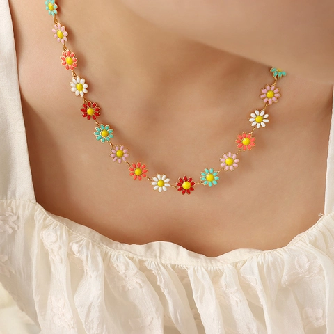Sweet Enamel Daisy Flower Necklace And Bracelet For Women Minimalist Colorful Alloy Floral Choker Daily Jewelry Fashion Accessory