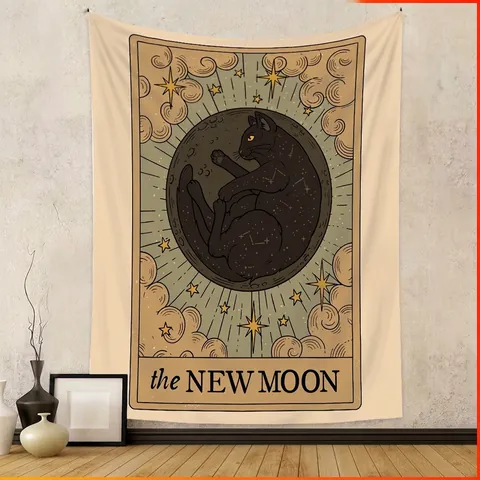 Mystic Tarot Katze Wandteppich Wandbehang Böhmisch Polyester Stoff Ästhetik Raum Deko Hintergrund Für Schlafzimmer