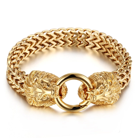 Pulsera Aro Cabeza De León Doble Acero De Titanio Cadena Trenzada Joyas Punk Rock Para Hombres Audaz
