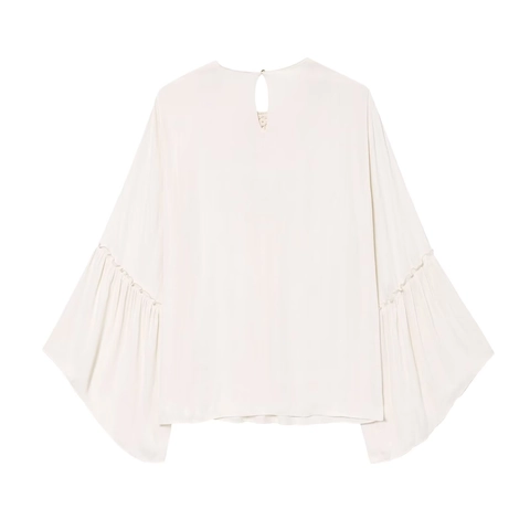 Damen Elegante Off White Spitze Patchwork Langarm Bluse Glockenärmel Plissiert Satin Chiffon Rundhals Hemd