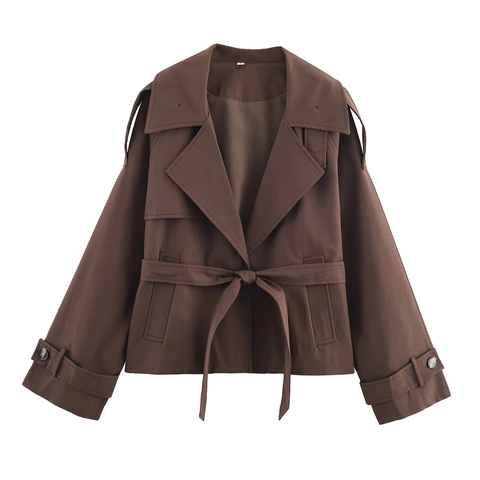 Women Short Trench Coat Polyester Lapel Belted Waist Long Sleeve Casual Elegant Outerwear Coffee Brown