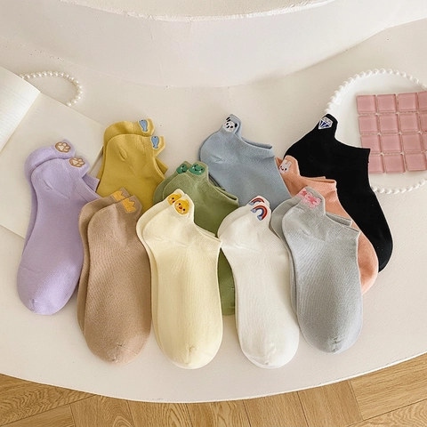 Calzini Alla Caviglia Donna Cotone Traspirante Ricamo Animali Cartoni Animati Invisibile Taglio Basso Stile Giapponese