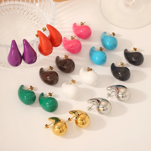 Chunky Teardrop Stud Earrings Stainless Steel Colorful Enamel Waterdrop Jewelry For Women Minimalist Fashion