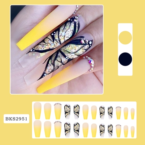 Uñas Postizas Coffin Largas Degradado Amarillo Patrón Mariposa Diamantes De Imitación Brillo Lujo Para Mujeres