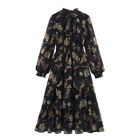 Maxikleid Mit Blumenmuster Aus Chiffon Für Damen Langarm Stehkragen Gesmokte Hohe Taille Eleganter Stufenrock