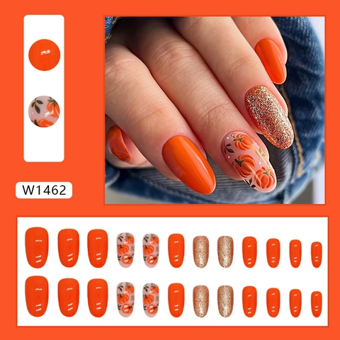 Halloween Pumpkin Press On Nails Orange Glitter Autumn Harvest Style Oval False Nail Tips For Women Party Decor