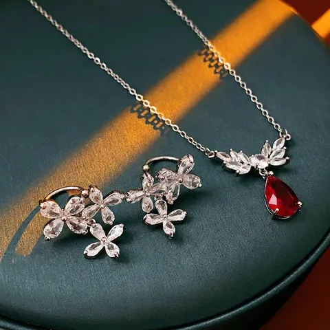 Flower Zircon Necklace With Red Pear Pendant And Ear Cuff Copper Vintage Palace Style Jewelry Accessory For Women