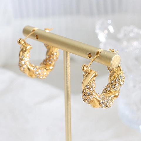 Twisted Hoop Earrings 18K Gold Plated Titanium Steel With Zircon Pavé U Shaped Stainless Steel Earring Post For Women