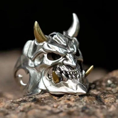 Hannya Masker Ring Demon Geest Hoofd Antiek Zilver Goud Tweekleurig Hoorns Zinklegering Verstelbare Open Ring Punk Gothic Sieraden