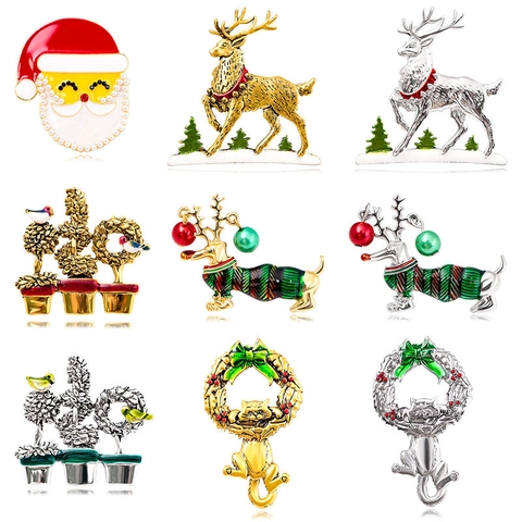 Kerst Emaille Legering Broche Strass Kerstman Rendier Teckel Kat Krans Feestelijke Speld Kerstcadeau Sieraden