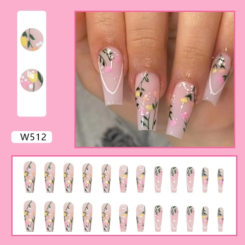 Uñas Postizas Larga Forma Ataúd Patrón Flores De Tulipan Degradado Rosa Estilo Dulce Fresco Romántico Para Mujeres