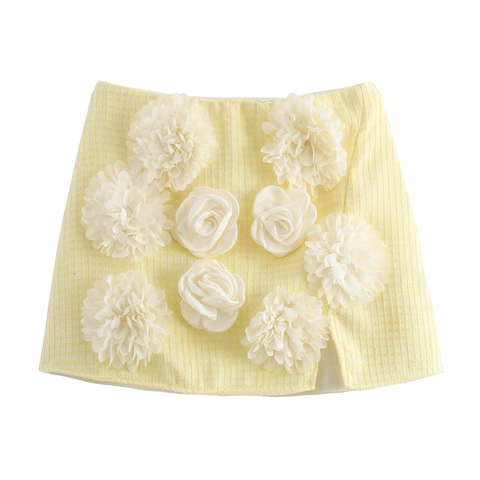 Mini Jupe En Tweed À Carreaux Pour Femmes Avec Appliques De Fleurs En Tissu 3D Fente Latérale Élégante Style Chic