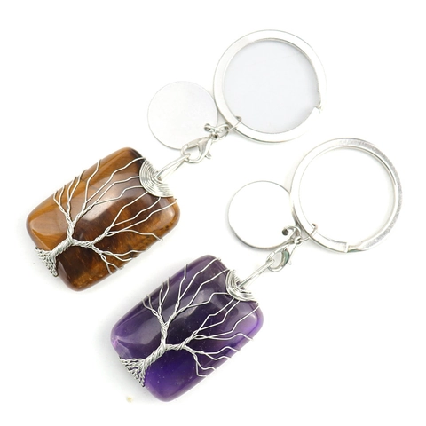 Handmade Tree Of Life Keychain Natural Stone Rectangular Pendant Copper Wire Wrapped Crystal Keychain Bag Charm Jewelry Gift