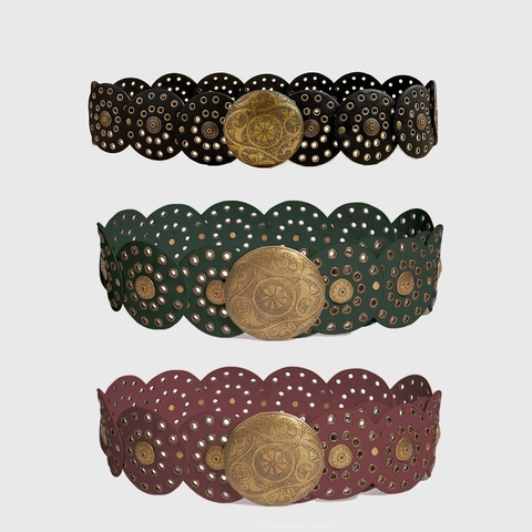 Cinturón Ancho Bohemio Para Mujer Vintage Redondo Cuero PU Cinturilla Hebilla Aleación Tallada Floral Remaches Metálicos Estilo Western