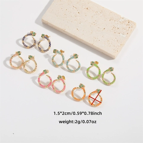 Vintage Minimalist Snake Shaped Stud Earrings For Women Copper Enamel Zirconia Animal Snake Drip Oil Wrap Circle Hoop Earrings
