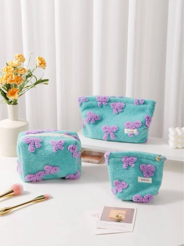 Borsa Trucco In Peluche Velluto Teddy Grande Capacità Organizzatore Cosmetico Portatile Pochette Fiocco 3D Donna