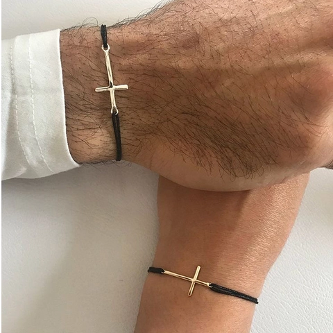 Pulsera De Cuerda Trenzada Con Colgante De Cruz Aleación Ajustable Estilo Minimalista Joyería Para Parejas Hecha A Mano