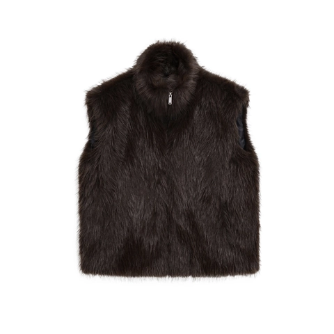 Women Faux Fur Vest Dark Brown Stand Collar Zipper Front Sleeveless Jacket Winter Warm Solid Color Retro Outerwear