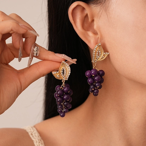 Orecchini Pendenti A Grappolo Di Uva Viola Lega Pietra Artificiale Strass Con Perno In Argento Sterling 925 Vintage
