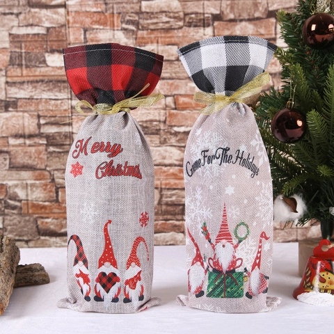 Couvre Bouteilles De Vin Noël Lin Gnome Sans Visage Carreau Décoration De Table Sacs Cadeaux Cordon Fête Xmas