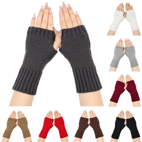 Guantes sin Dedos de Punto de Acrílico para Mujer Color Sólido Acanalados Invierno Cálidos Medios Dedos Mangas de Brazo