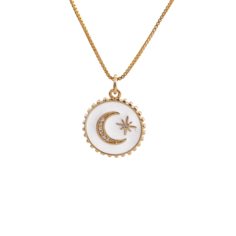Collana Con Pendente Geometrico Rame Placcato Oro Smalto Zircone Luna Stella Croce Elefante Sole Gioielli Moda Donna