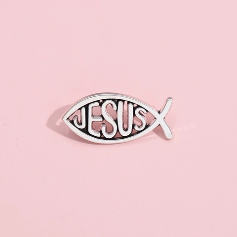 Spilla Pesce di Gesù Vintage in Lega Simbolo Religioso Ichthys Distintivo Lettera Traforata per Decorazione Abbigliamento Zaino