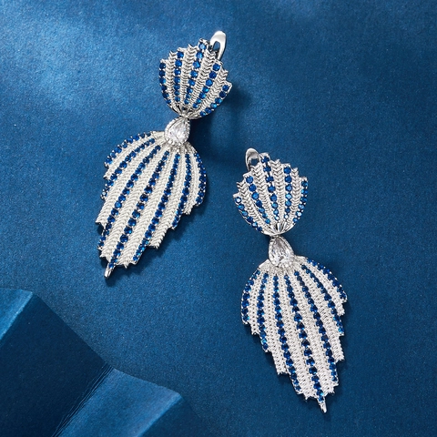 Orecchini Pendenti Eleganti A Foglia Piuma Argento Sterling 925 Zircone Blu Frange Gioielli Di Lusso Per Donne Accessorio