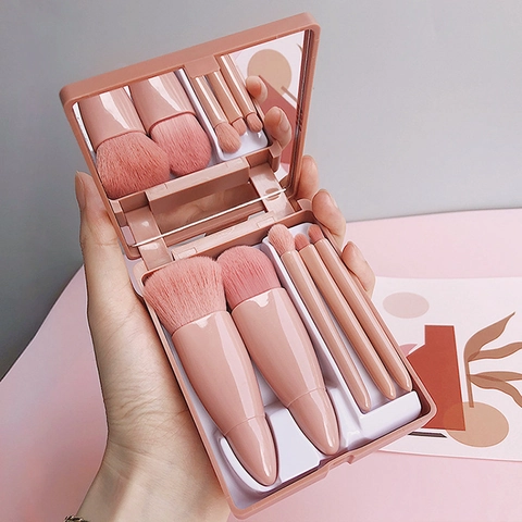 Portable Makeup Brushes With Mirror Storage Case Box Synthetic Fiber Soft Bristles Travel Beauty Tools For Women