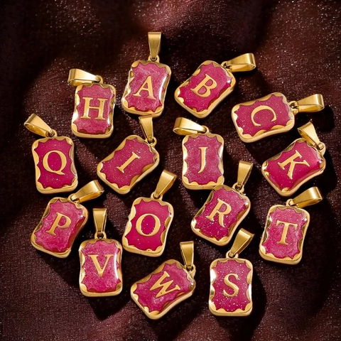 Edelstahl Initialen Buchstabe Anhänger Rechteckig Pink Glitzer Emaille Charm Für DIY Halskette Damen Schmuck