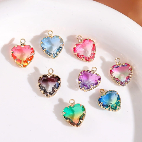 Heart Shaped Crystal Pendant Copper Gold Plated Gradient Color Multifaceted Charm For Jewelry Making DIY Earrings Bracelet