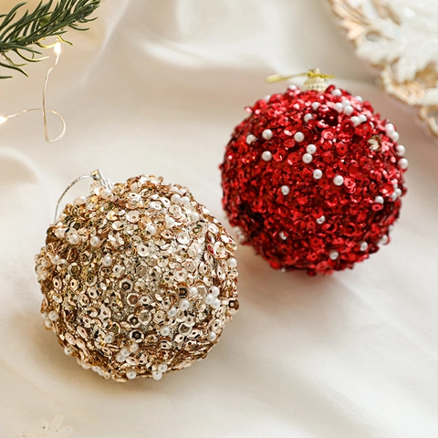 Sparkling Christmas Ball Ornament Sequins Faux Artificial Pearls Foam Hanging Tree Decor Festive Holiday Party Decoration
