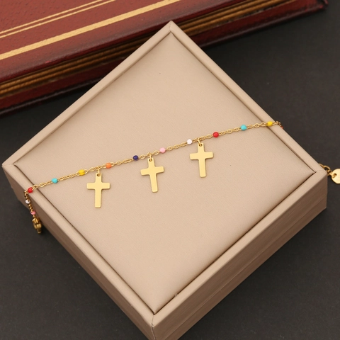 Bracciale In Acciaio Inossidabile Perline In Smalto Colorato Ciondoli Farfalla Cuore Croce Catena Regolabile Gioielli