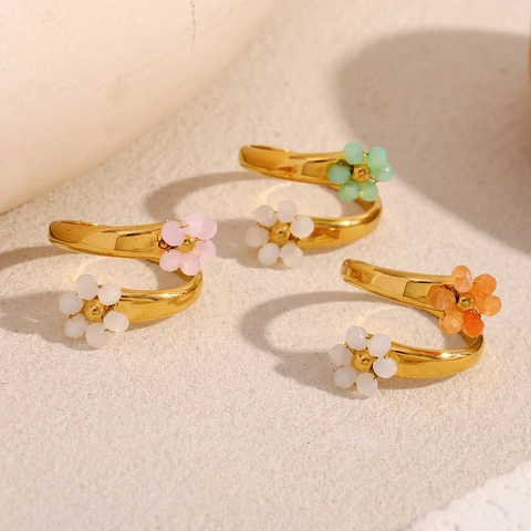 Handmade Flower Open Ring Stainless Steel 18K Gold Plated Adjustable Beaded Floral Jewelry Gift For Women Chic