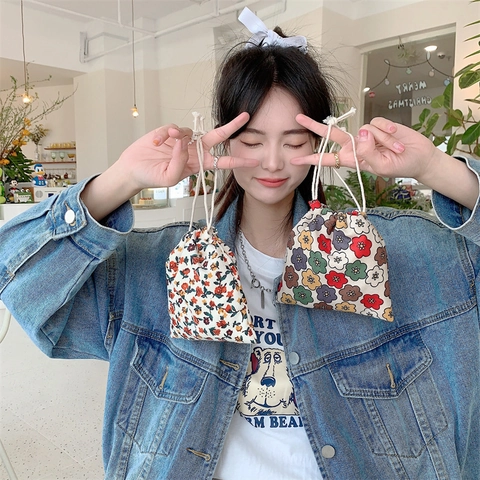 Vintage Corduroy Floral Drawstring Pouch Small Fabric Storage Bag For Cosmetics Jewelry Stationery Dustproof Organizer Bag For Women