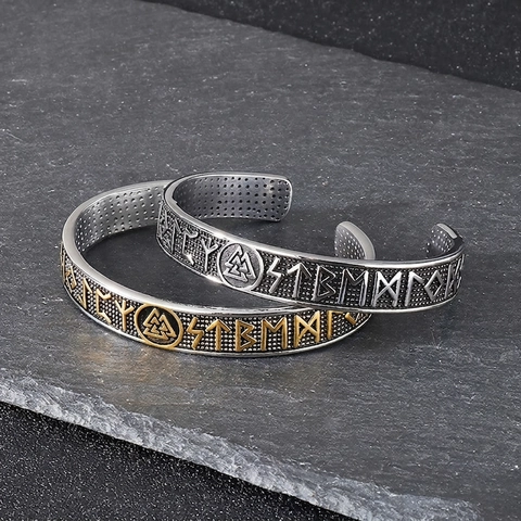 Pulsera Brazalete Abierto Runas Vikingas Acero Inoxidable Mitología Nórdica Valknut Joyería Estilo Punk Hombre