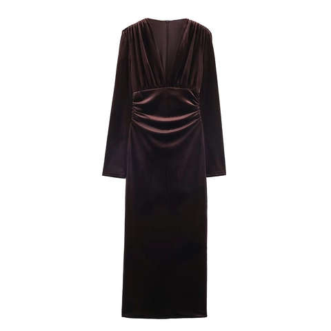 Elegante Abito Midi In Velluto Donna Maniche Lunghe Scollo A V Profondo Vita Arricciata Vestibilità Aderente Festa Sera