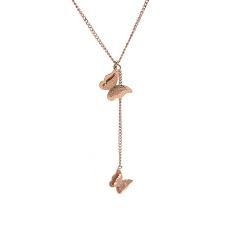 Butterfly Pendant Necklace Double Butterflies Frosted Matte Rose Gold Titanium Steel Y Lariat Chain Jewelry For Women