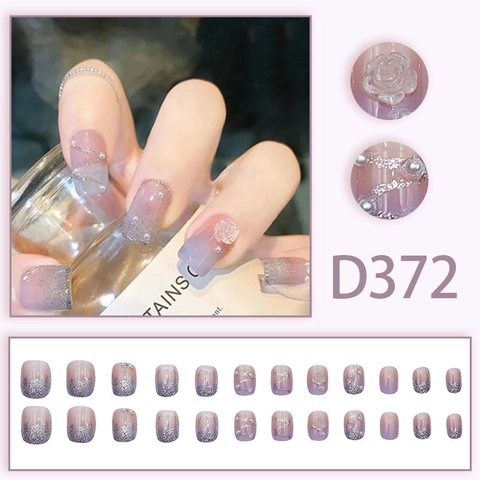 Press On Nails Blue Pink Gradient Silver Glitter 3D Rose Flower And Artificial Pearl Decor Short Square Fake Nails For Women