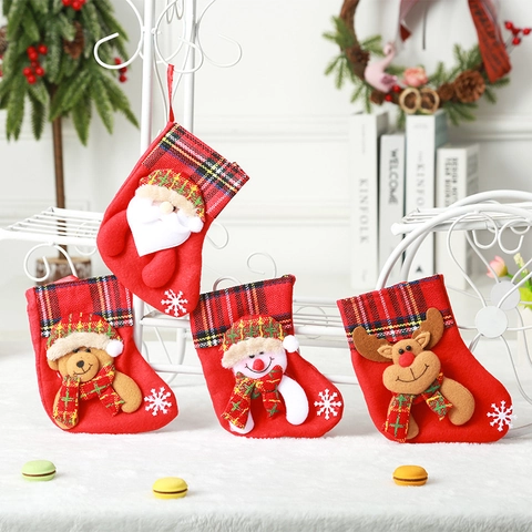 Red Plaid Cuff Christmas Stocking Gift Bag Santa Reindeer Snowman Bear Character Hanging Ornament Tree Party Decoration
