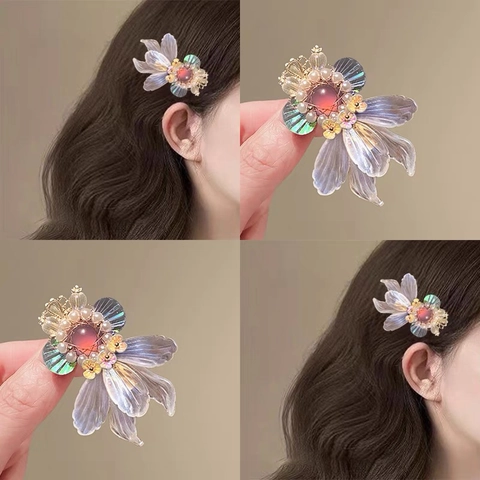 Pinza Para El Pelo De Pez Dorado Resina Iridiscente Horquilla Koi Aleación Con Perla Artificial Sintética Estilo Hanfu Retro Para Mujer