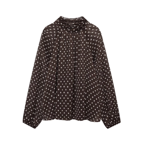 Camicetta In Chiffon A Pois Da Donna Manica Lunga Collo Con Fiocco Elegante Collo Alto Maniche A Sbuffo Retro
