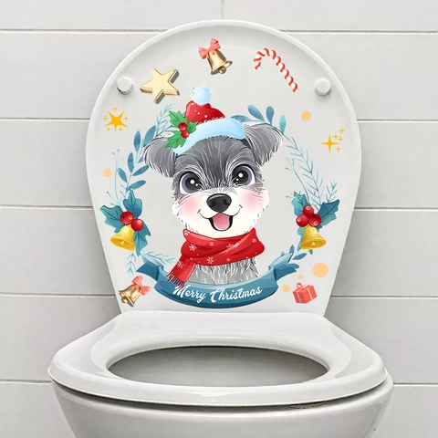 Christmas Toilet Lid Stickers Cartoon Dog Penguin Reindeer PVC Waterproof Self Adhesive Wall Decals Bathroom Festive Decor