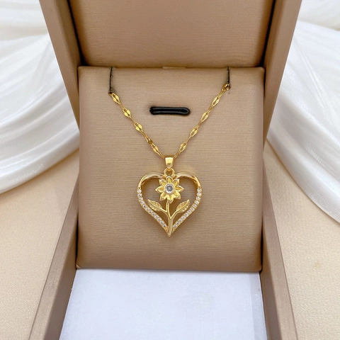 Heart Sunflower Pendant Necklace Titanium Steel Copper Micro Inlay Rhinestone Elegant Versatile Clavicle Chain For Women