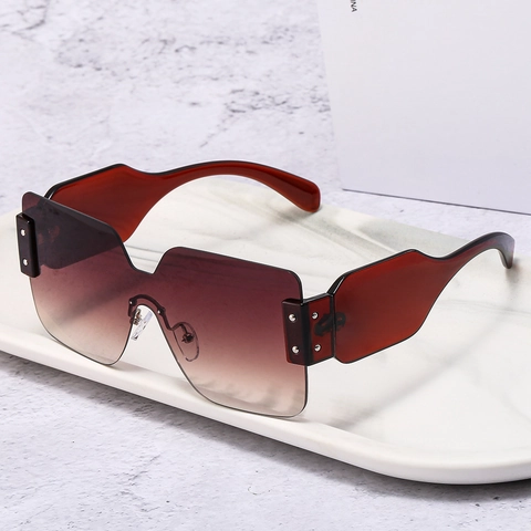 Rimless Oversized Sunglasses Integrated PC Lens UV400 Protection Fashion Square Wide Temple Eyewear For Travel Party